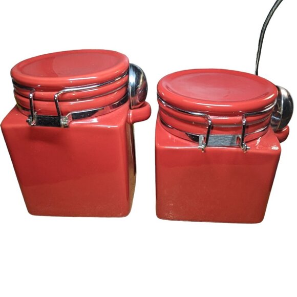 Oggi EZ Grip Red Ceramic Canister Set 2 Pantry Jars Spoons Food Storage Airtight - Picture 5 of 7